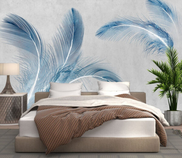 Delicate blue feathers on gray background Wall murals Delicate blue feathers on gray background