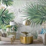 Wall murals Tropical leaves and butterflies illustration.