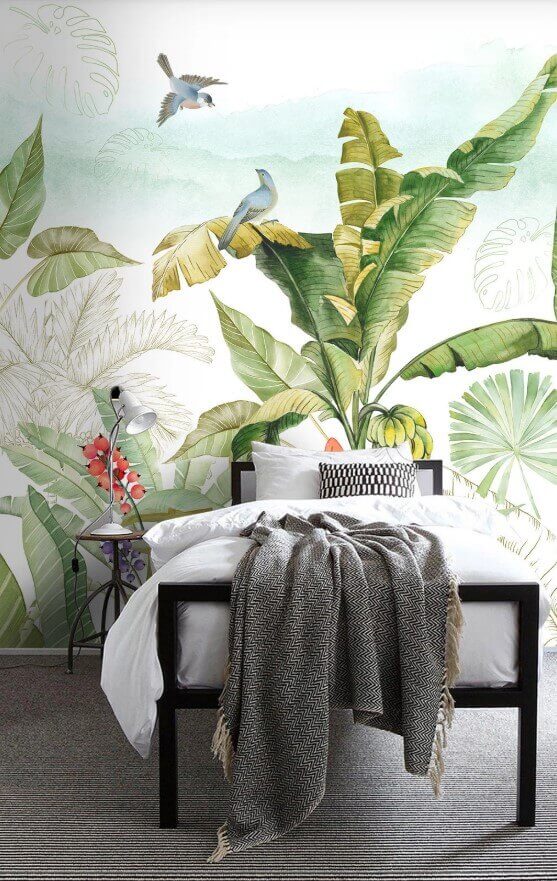 Wall murals Painting of a banana tree and birds Wall murals Painting of a banana tree and birds