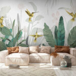 Wall murals Hummingbirds flutter amid lush foliage.