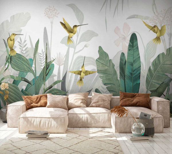 Hummingbirds flutter amid lush foliage Wall murals Hummingbirds flutter amid lush foliage