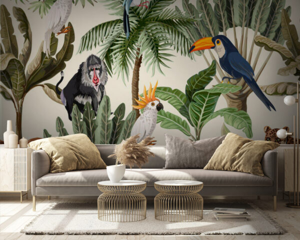 Wall murals Pattern of tropical plants and birds Wall murals Pattern of tropical plants and birds