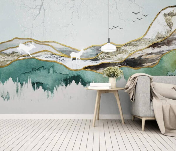 Wall murals Painting of a deer and mountains Wall murals Painting of a deer and mountains