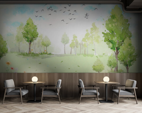 Wall murals Green field with trees and birds flying in the sky Wall murals Green field with trees and birds flying in the sky