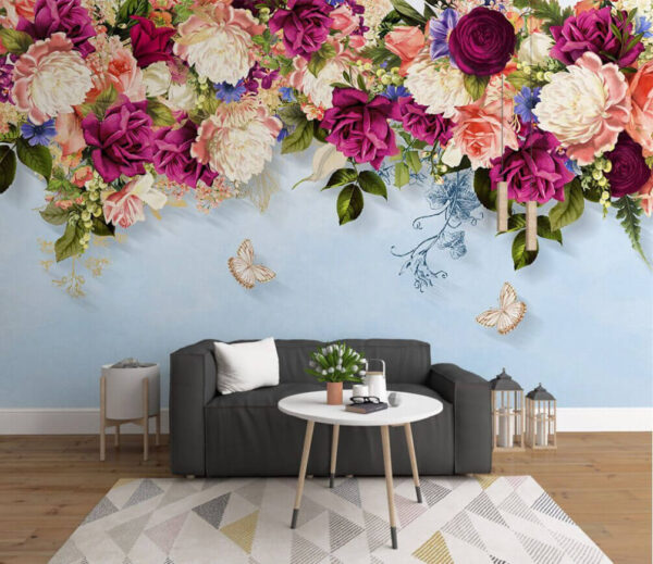 Wall murals Group of flowers with butterflies Wall murals Group of flowers with butterflies