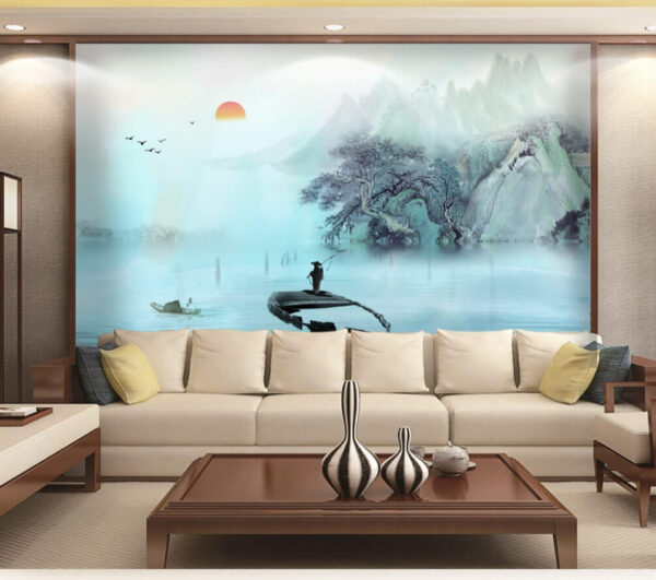 Wall murals Man standing on a boat in water with mountains and trees Wall murals Man standing on a boat in water with mountains and trees