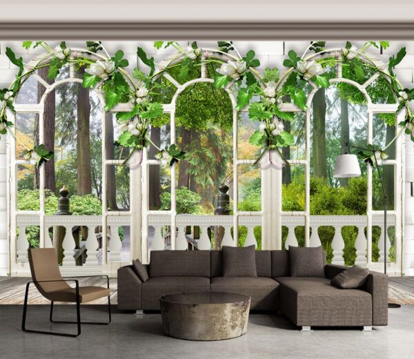 Wall murals White door with white flowers and green leaves