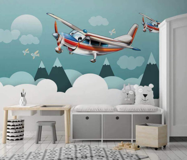 Cartoon airplane flying in the sky Wall murals Cartoon airplane flying in the sky