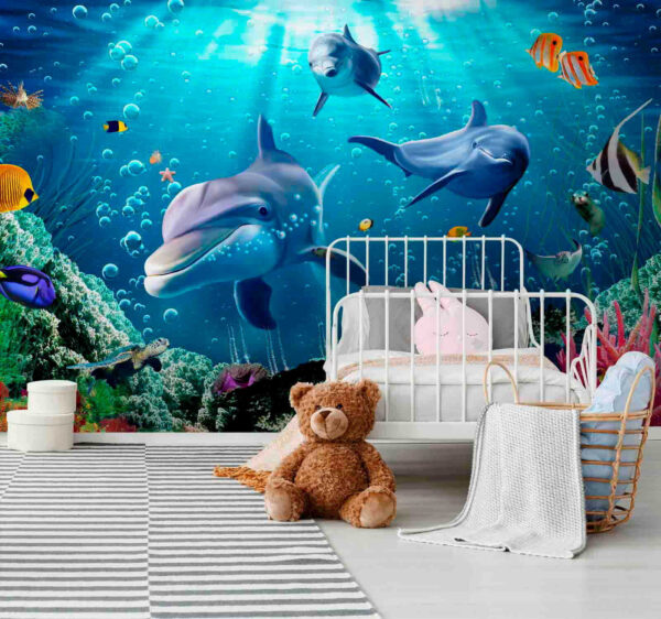 Dolphin swimming in water Wall murals Dolphin swimming in water