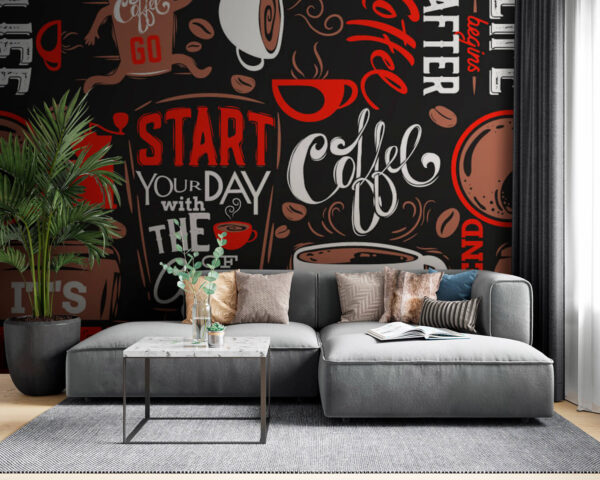 Wall murals Pattern of coffee cups and coffee beans Wall murals Pattern of coffee cups and coffee beans