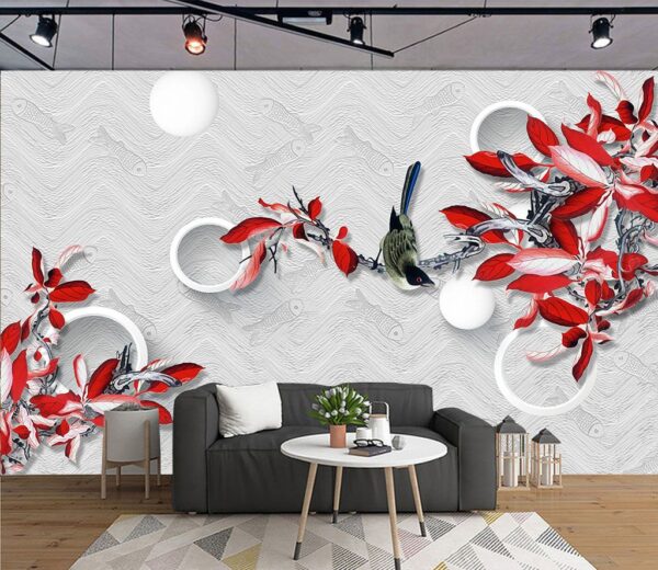 Wall murals Wallpaper with a bird on a branch Wall murals Wallpaper with a bird on a branch