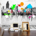 Wall murals Blue blot on a white brick wall