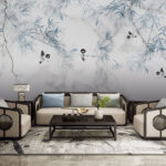 Wall murals White marble surface with blue leaves and birds
