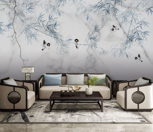 Wall murals White marble surface with blue leaves and birds Wall murals White marble surface with blue leaves and birds