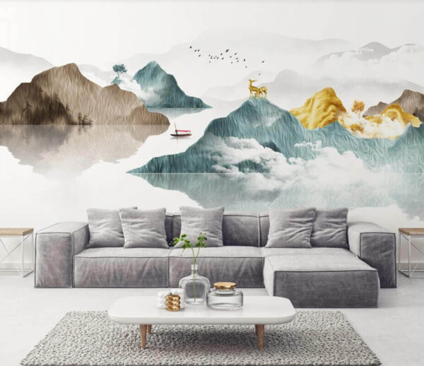 Mountain serenity with a lone boat Wall murals Mountain serenity with a lone boat