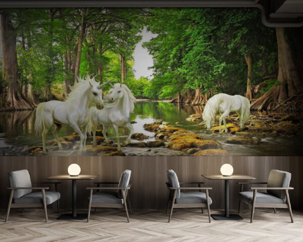 Wall murals Group of white unicorns in a river Wall murals Group of white unicorns in a river