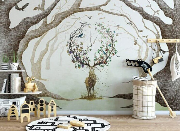 Wall murals Painting of a deer with branches on it Wall murals Painting of a deer with branches on it