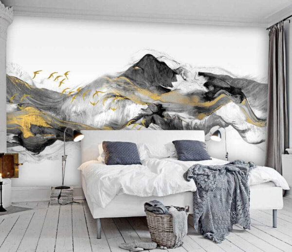 Wall murals Painting of mountains with birds flying Wall murals Painting of mountains with birds flying
