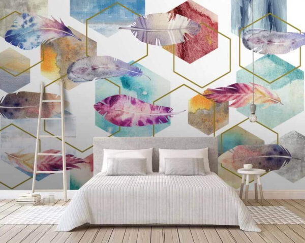 Wall murals Colorful feathers and hexagons Wall murals Colorful feathers and hexagons