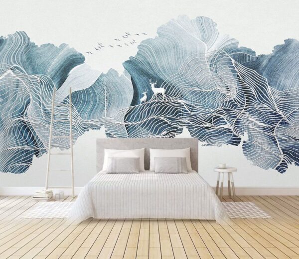 Wall murals Drawing of a landscape with birds Wall murals Drawing of a landscape with birds