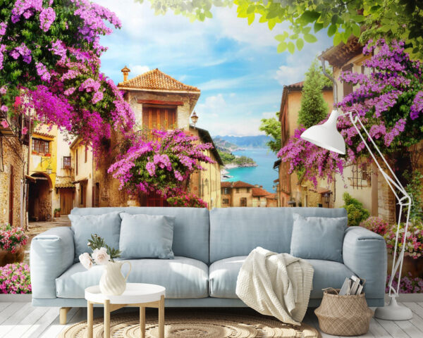 Charming street with vibrant flowers Wall murals Charming street with vibrant flowers