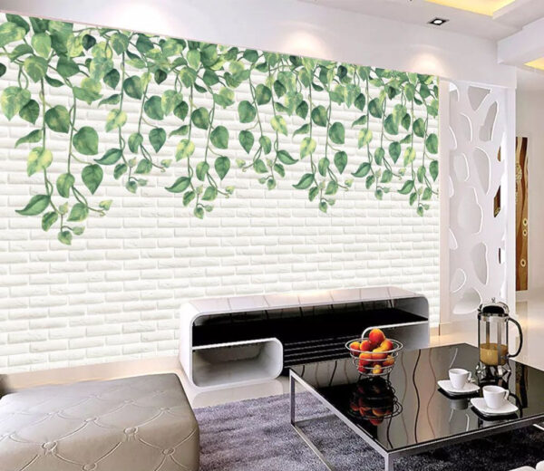 Wall murals White brick wall with green leaves Wall murals White brick wall with green leaves