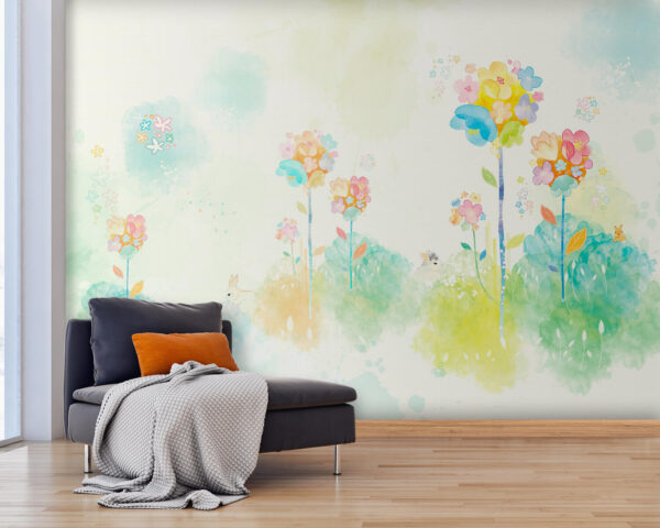 Wall murals Watercolor painting of flowers and rabbits Wall murals Watercolor painting of flowers and rabbits