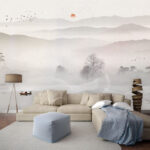 Wall murals Boat on a lake with fog and trees