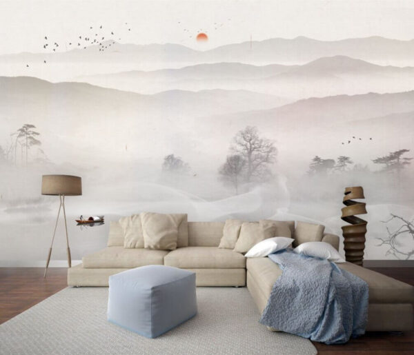Wall murals Boat on a lake with fog and trees Wall murals Boat on a lake with fog and trees