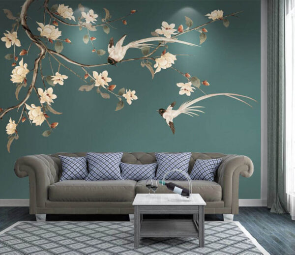 Wall murals Bird on a branch with flowers Wall murals Bird on a branch with flowers