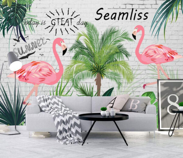 Wall murals Wall with flamingos and palm trees Wall murals Wall with flamingos and palm trees