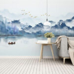 Wall murals Painting of a boat in the water with birds flying in the sky