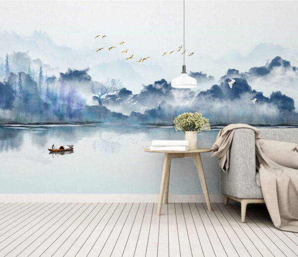 Wall murals Painting of a boat in the water with birds flying in the sky Wall murals Painting of a boat in the water with birds flying in the sky