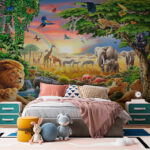 Wall murals Savannah animals gather by the water.