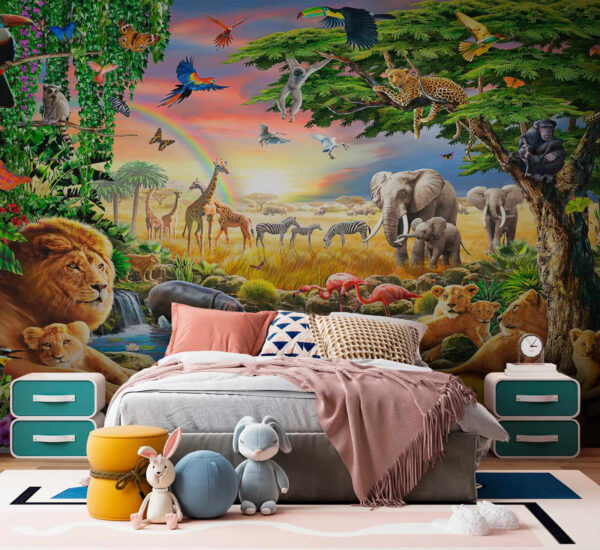 Savannah animals gather by the water Wall murals Savannah animals gather by the water