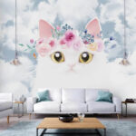 Wall murals White cat with floral crown, sky.