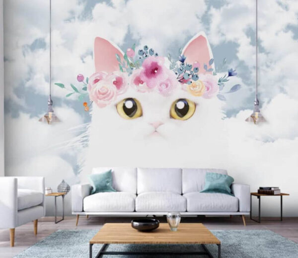 White cat with floral crown, sky Wall murals White cat with floral crown, sky