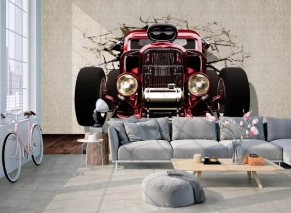 Car bursts through cracked wall Wall murals Car bursts through cracked wall