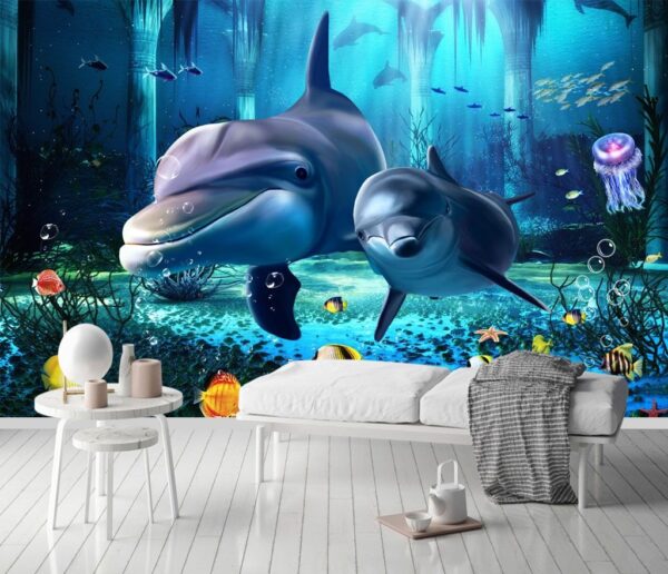 Wall murals Couple of dolphins swimming in a sea Wall murals Couple of dolphins swimming in a sea
