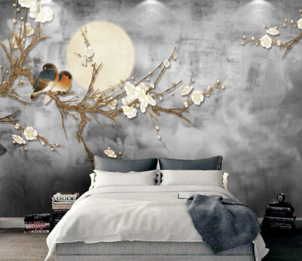 Birds nestled on blossoming branch Wall murals Birds nestled on blossoming branch