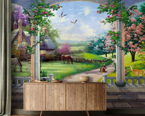 Wall murals Painting of a landscape with a horse and a house Wall murals Painting of a landscape with a horse and a house