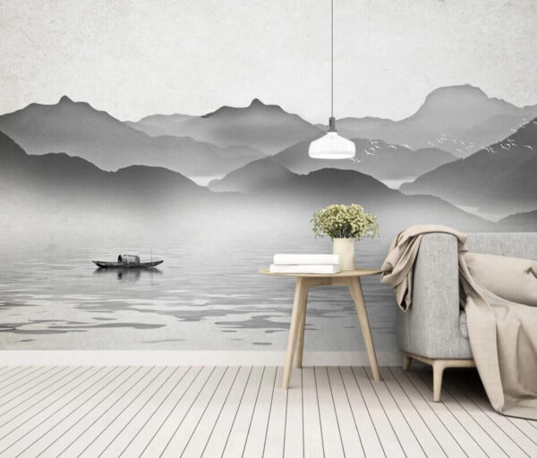 Wall murals Boat on water with mountains in the background Wall murals Boat on water with mountains in the background