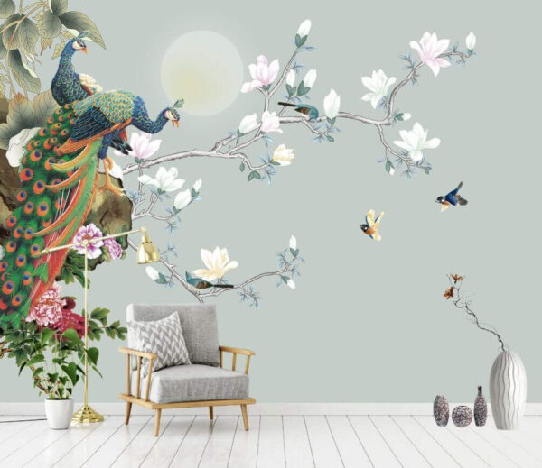 Wall murals Bird on a branch with flowers and birds Wall murals Bird on a branch with flowers and birds
