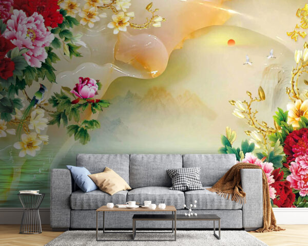 Wall murals Painting of flowers and swans Wall murals Painting of flowers and swans