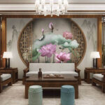 Wall murals Wallpaper with pink flowers and leaves