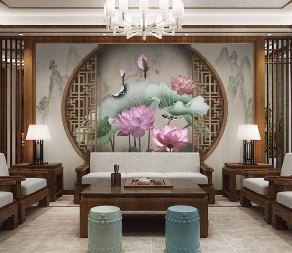 Wall murals Wallpaper with pink flowers and leaves Wall murals Wallpaper with pink flowers and leaves