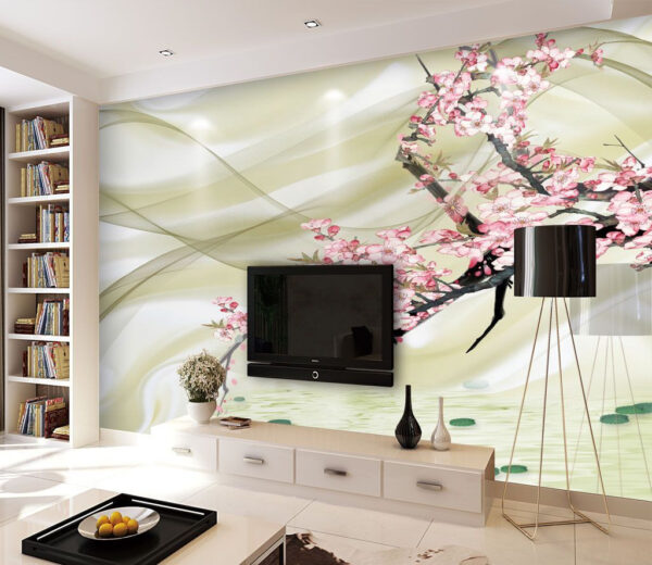 Wall murals Painting of a branch with pink flowers Wall murals Painting of a branch with pink flowers