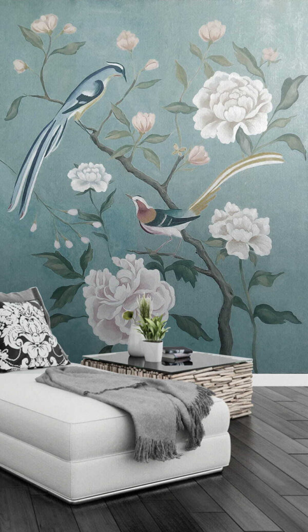 Wall murals Painting of birds on a branch with flowers Wall murals Painting of birds on a branch with flowers