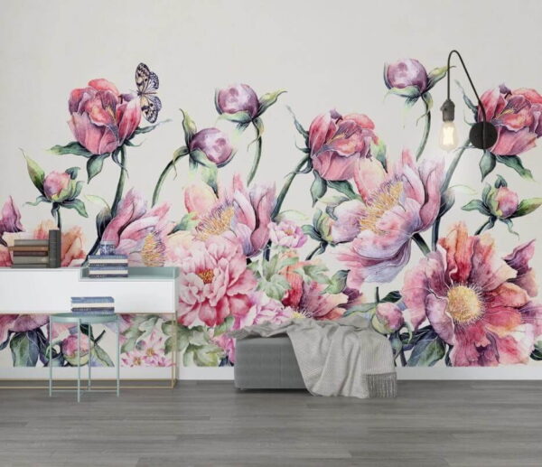 Wall murals Watercolor painting of flowers and a butterfly Wall murals Watercolor painting of flowers and a butterfly