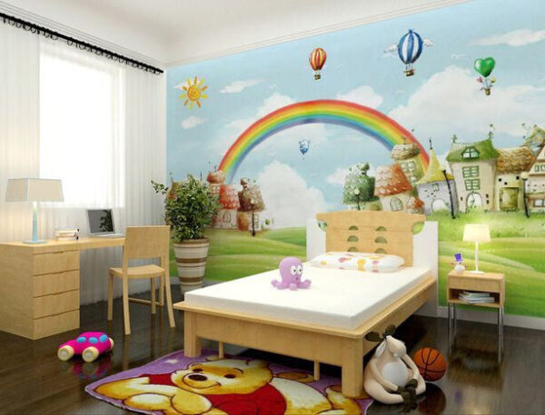 Wall murals Cartoon landscape with a rainbow and houses Wall murals Cartoon landscape with a rainbow and houses
